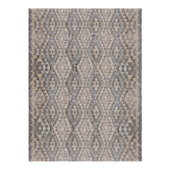 Beige and gray geometric patterned rug with diamond shapes and intricate designs. Perfect for modern decor.
