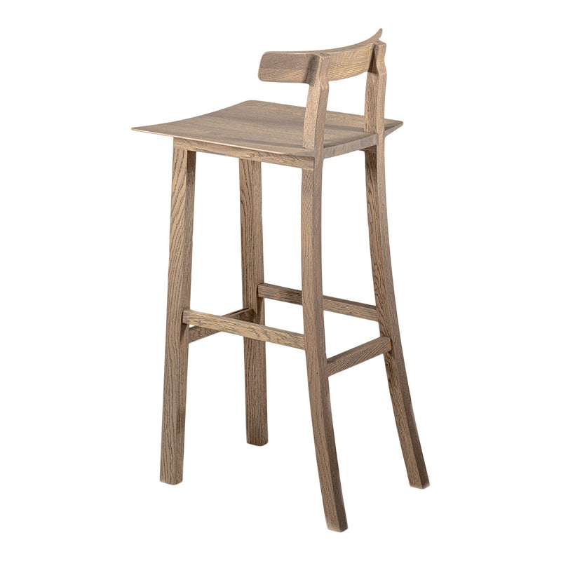 Light oak wood bar stool with a smooth finish and minimalist design. Natural wood tones and clean lines.