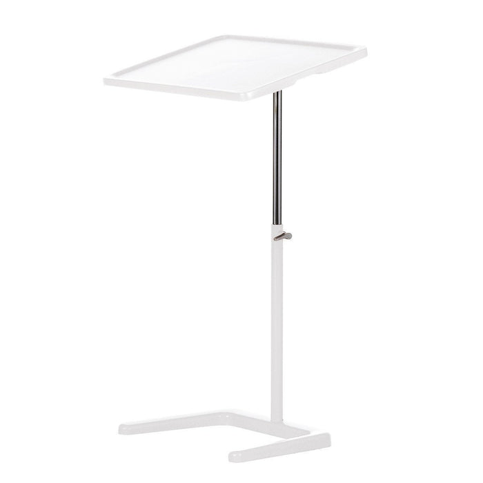 Adjustable white side table with a sleek, minimalist design and a smooth, rectangular top.