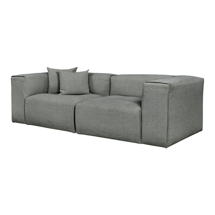 Gray fabric sofa with textured pattern and matching throw pillows, featuring a contemporary and minimalist design.
