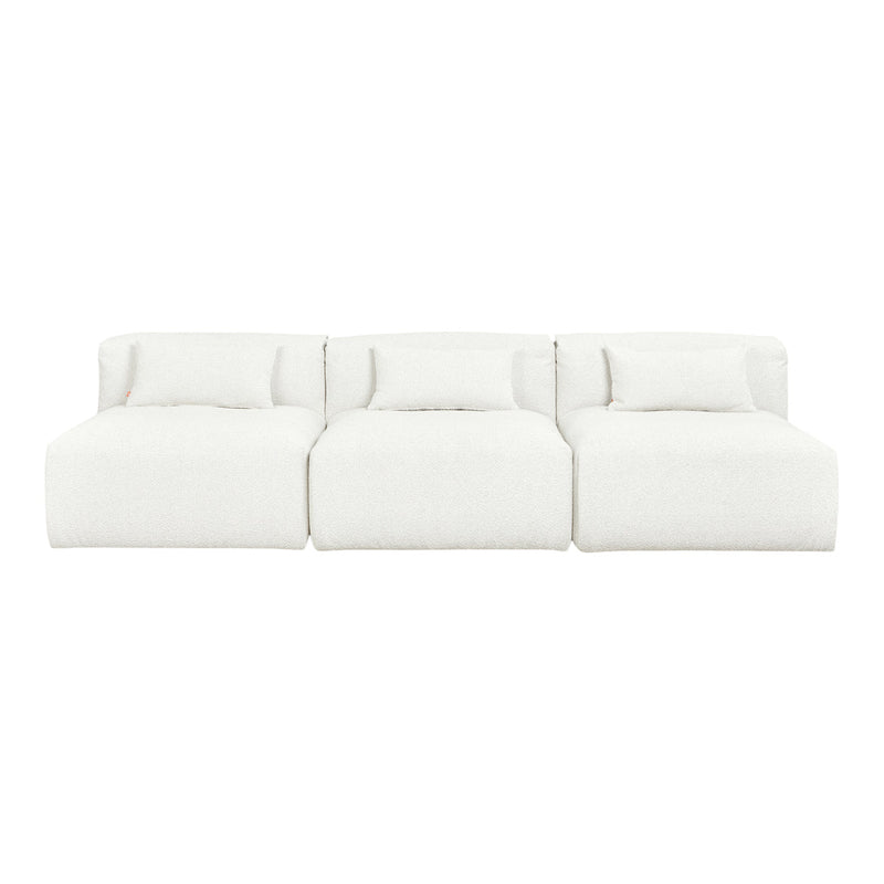 White, plush three-section sofa with soft textured fabric and matching cushions, perfect for a modern living space.