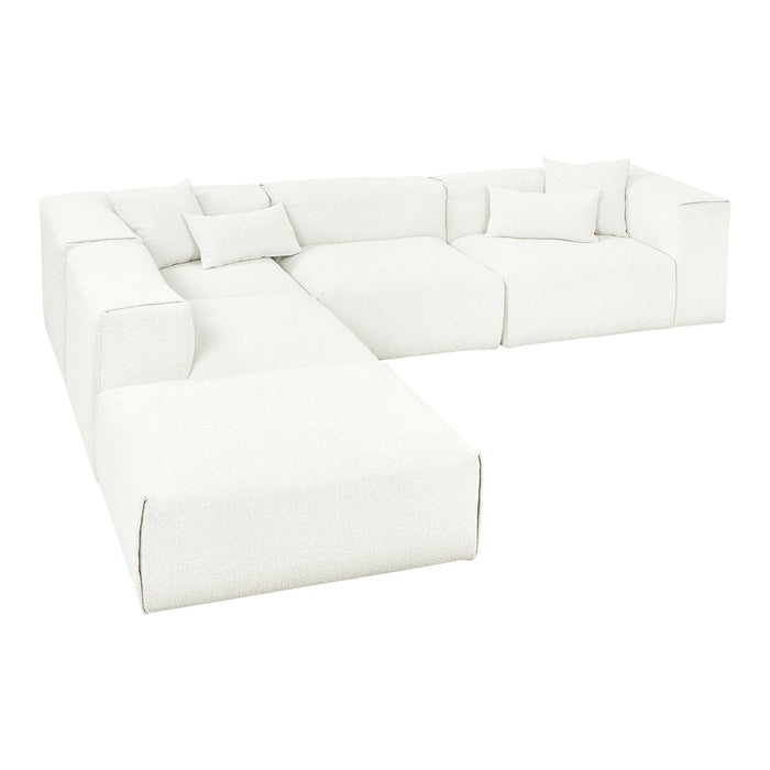 White sectional sofa with subtle textured fabric and minimalistic design, featuring plush cushions and clean lines.
