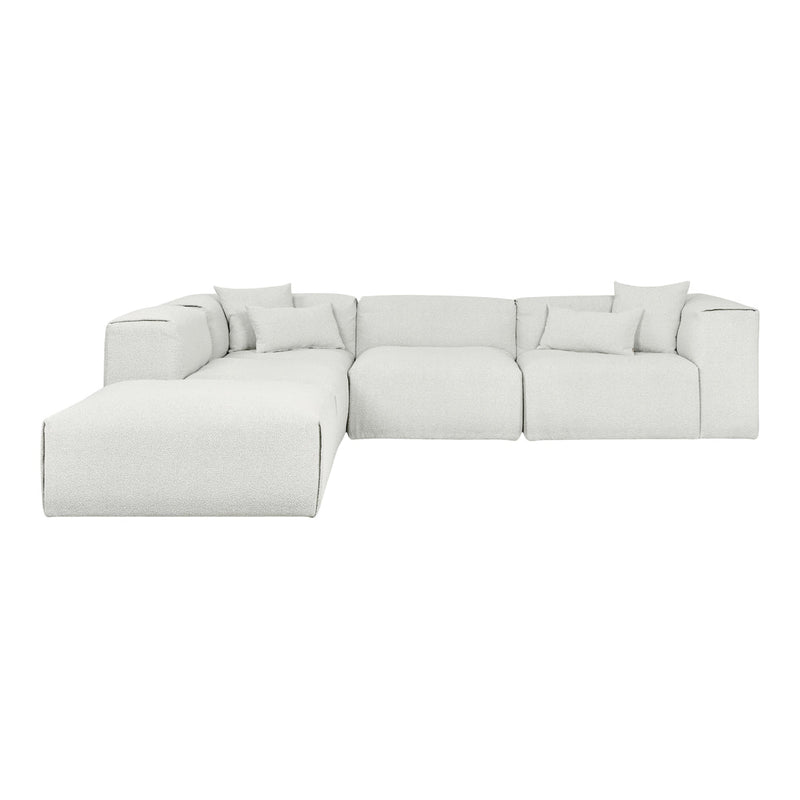 Contemporary L-shaped sofa in soft white fabric with subtle texture and plush cushions. Ideal for modern living spaces.
