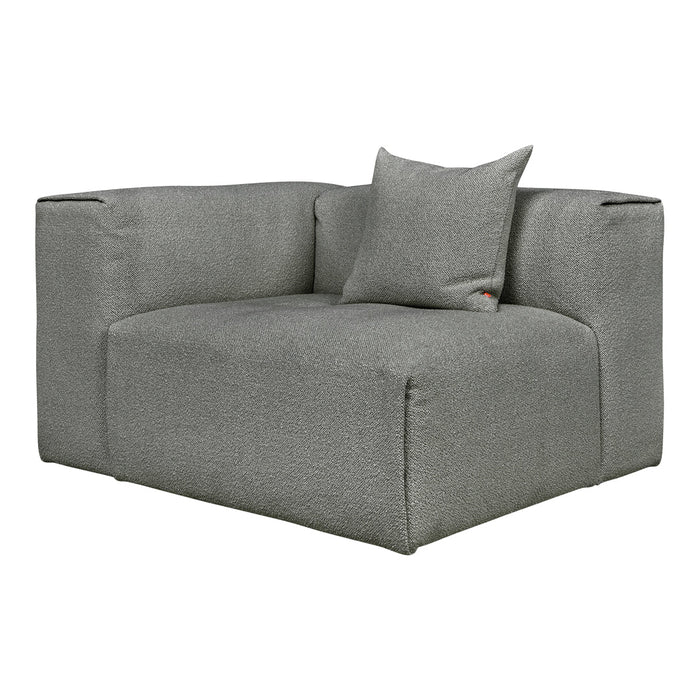 "Contemporary grey corner sofa with subtle textured pattern and a matching accent pillow."