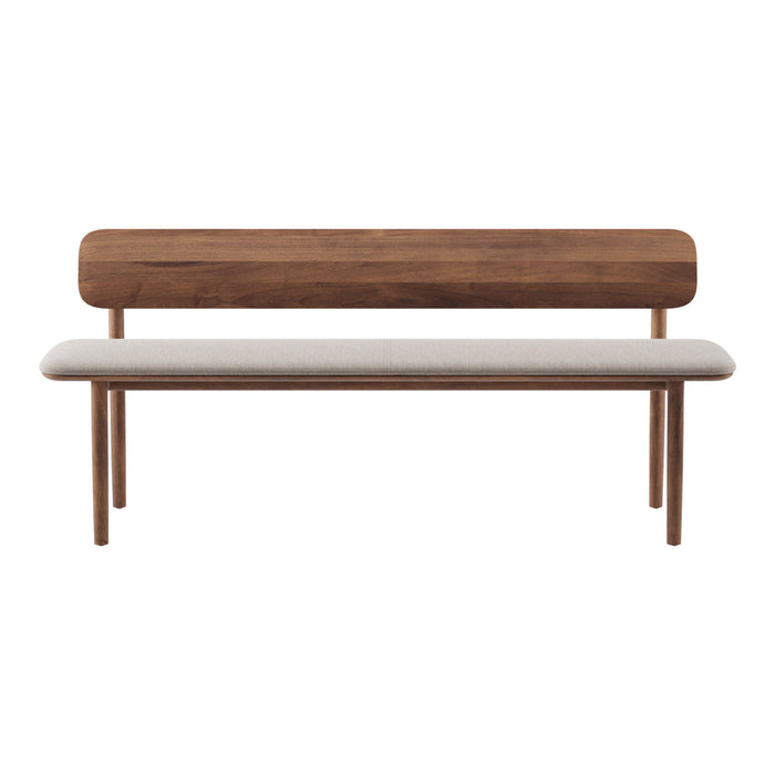 Modern wooden bench in rich walnut finish with a soft, light beige seat for a contemporary look.
