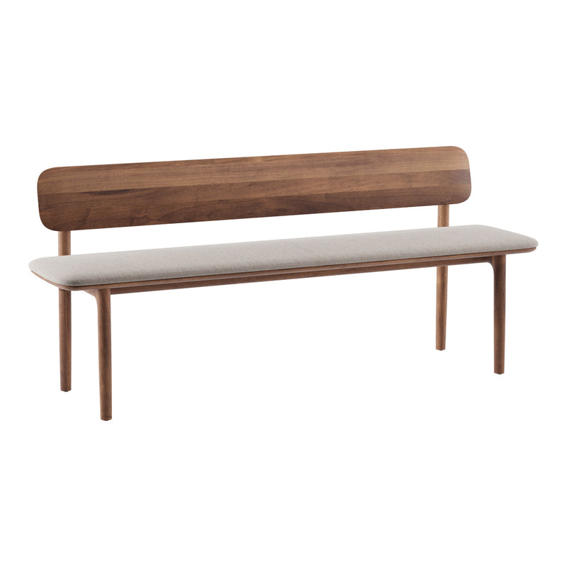 Elegant walnut bench with a smooth gray seat and minimalist design, showcasing rich wood tones and a neutral palette.