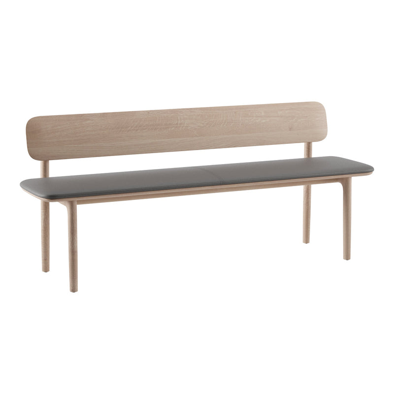 Light wood bench with a smooth, dark gray seat and minimalist design, perfect for modern decor.