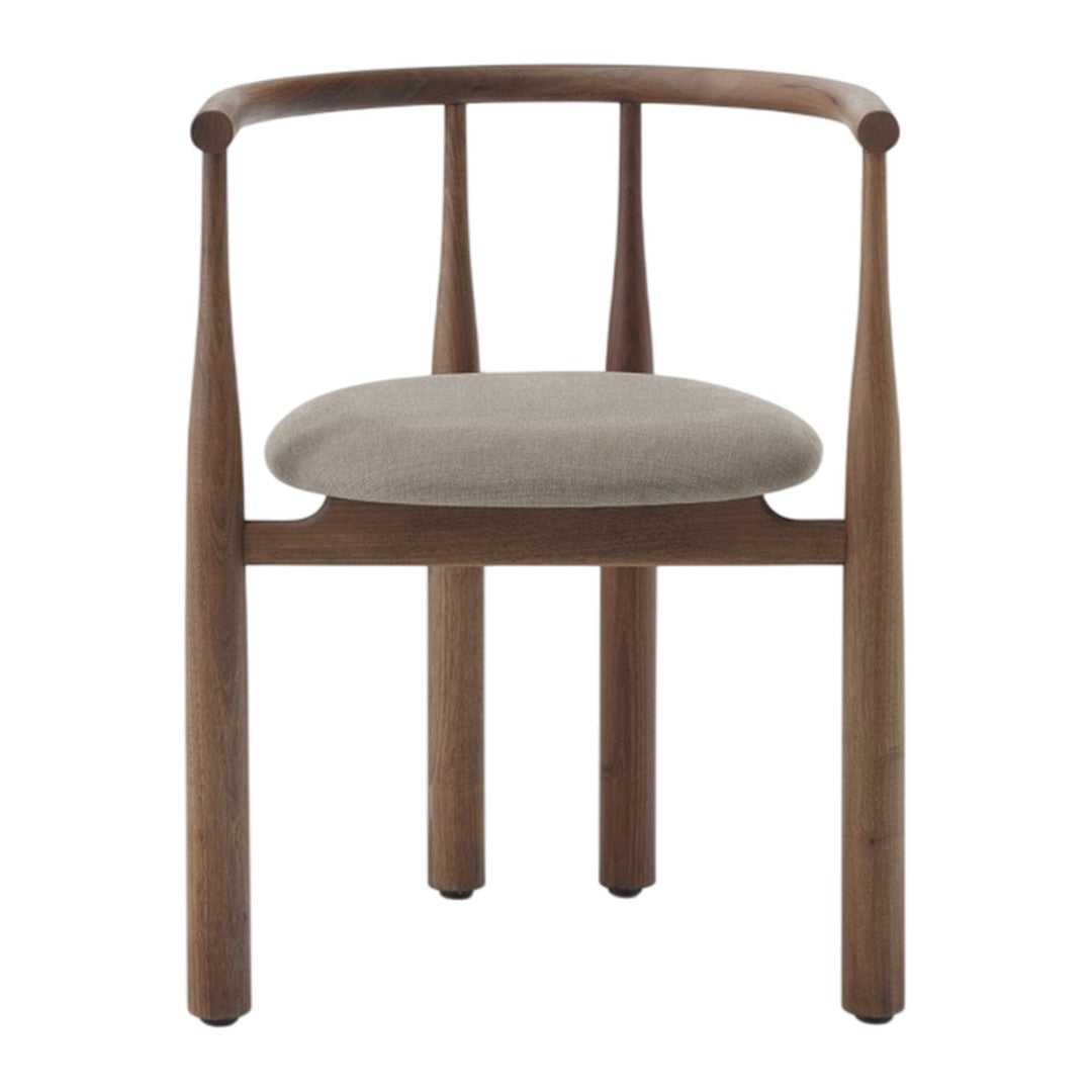 Wooden chair with a beige cushion on a white background