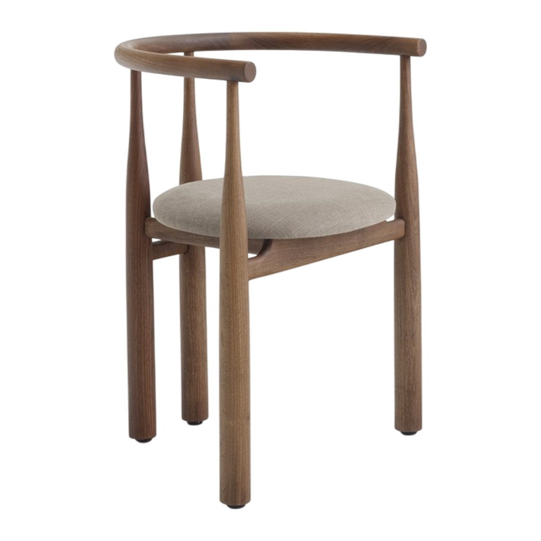 Wooden chair with a beige cushion on a white background