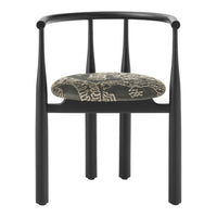Black chair with a patterned cushion on a white background