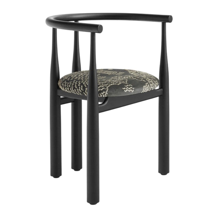 Black chair with patterned cushion on a white background