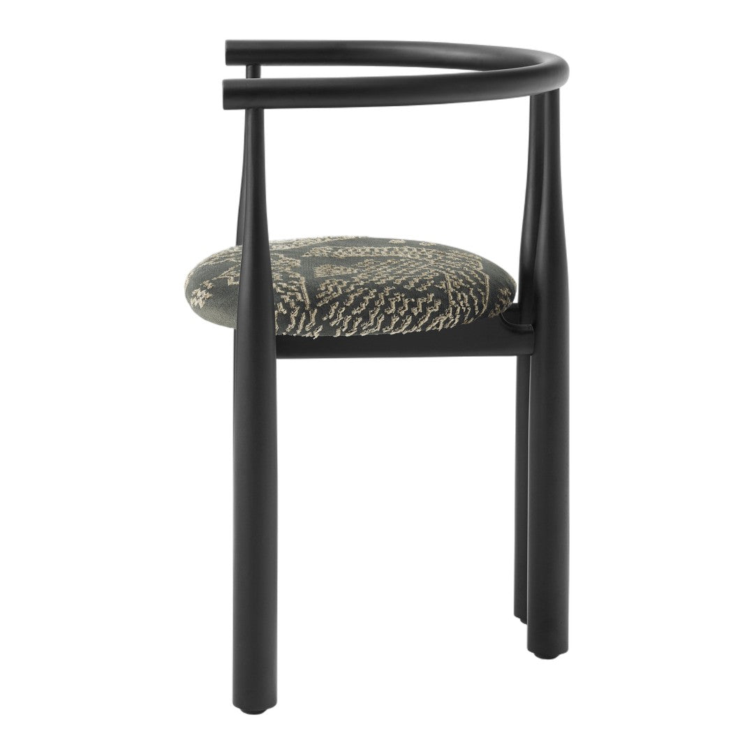 Chair with black frame and patterned cushion on a white background