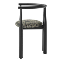 Chair with black frame and patterned cushion on a white background