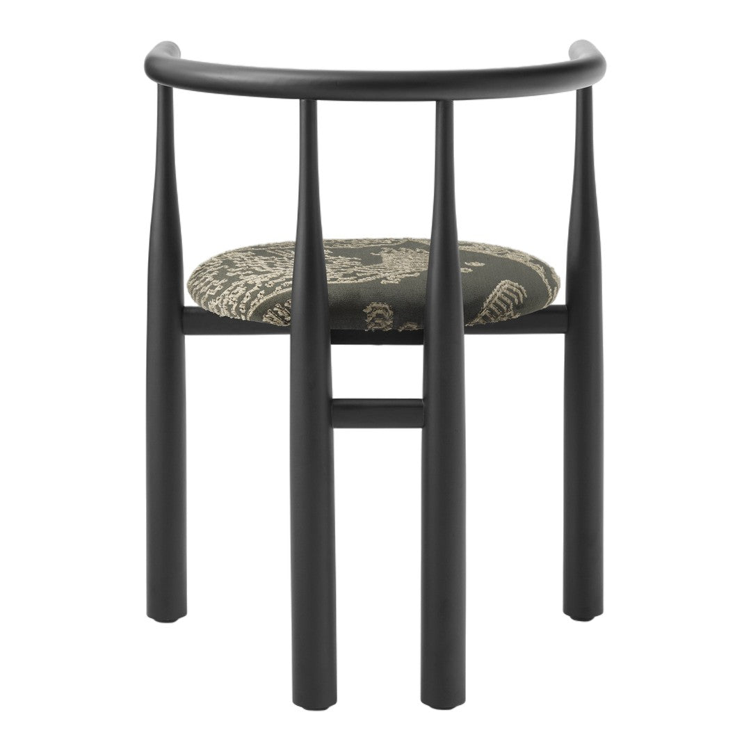 Black wooden chair with a patterned cushion on a white background