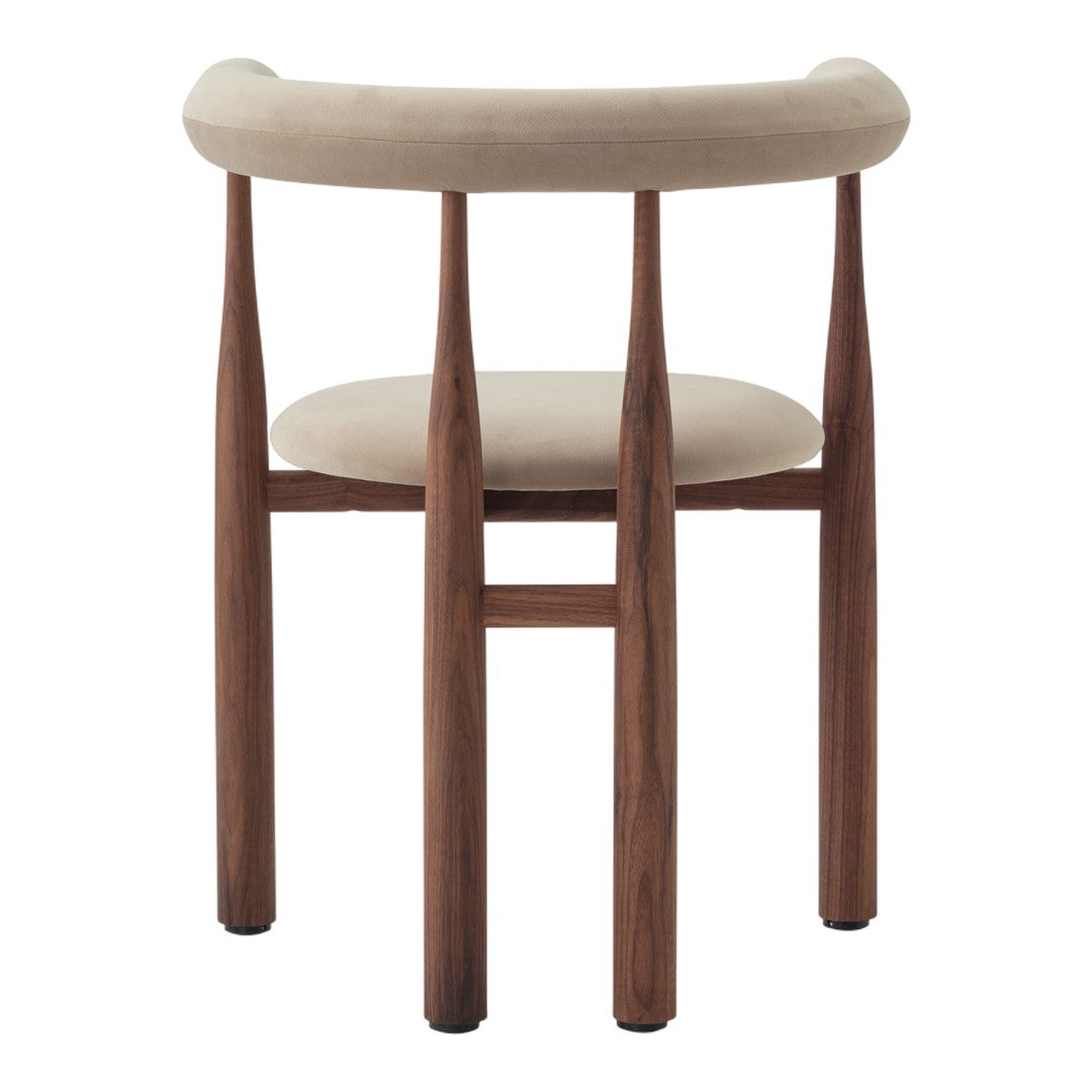 Beige upholstered chair with walnut wood legs, featuring a smooth round back and minimalist design.
