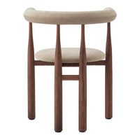 Beige upholstered chair with walnut wood legs, featuring a smooth round back and minimalist design.
