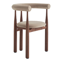 Beige velvet upholstered chair with dark walnut wooden legs and curved armrests. Modern and stylish design.