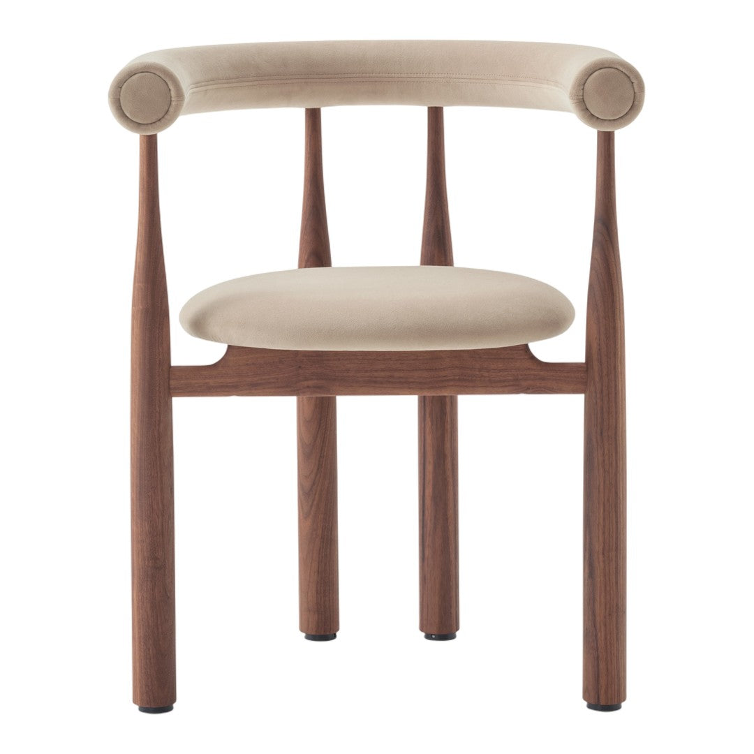 Beige upholstered chair with walnut wood legs and subtle rounded armrests. Modern minimalist design ideal for any space.