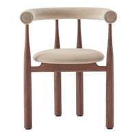Beige upholstered chair with walnut wood legs and subtle rounded armrests. Modern minimalist design ideal for any space.
