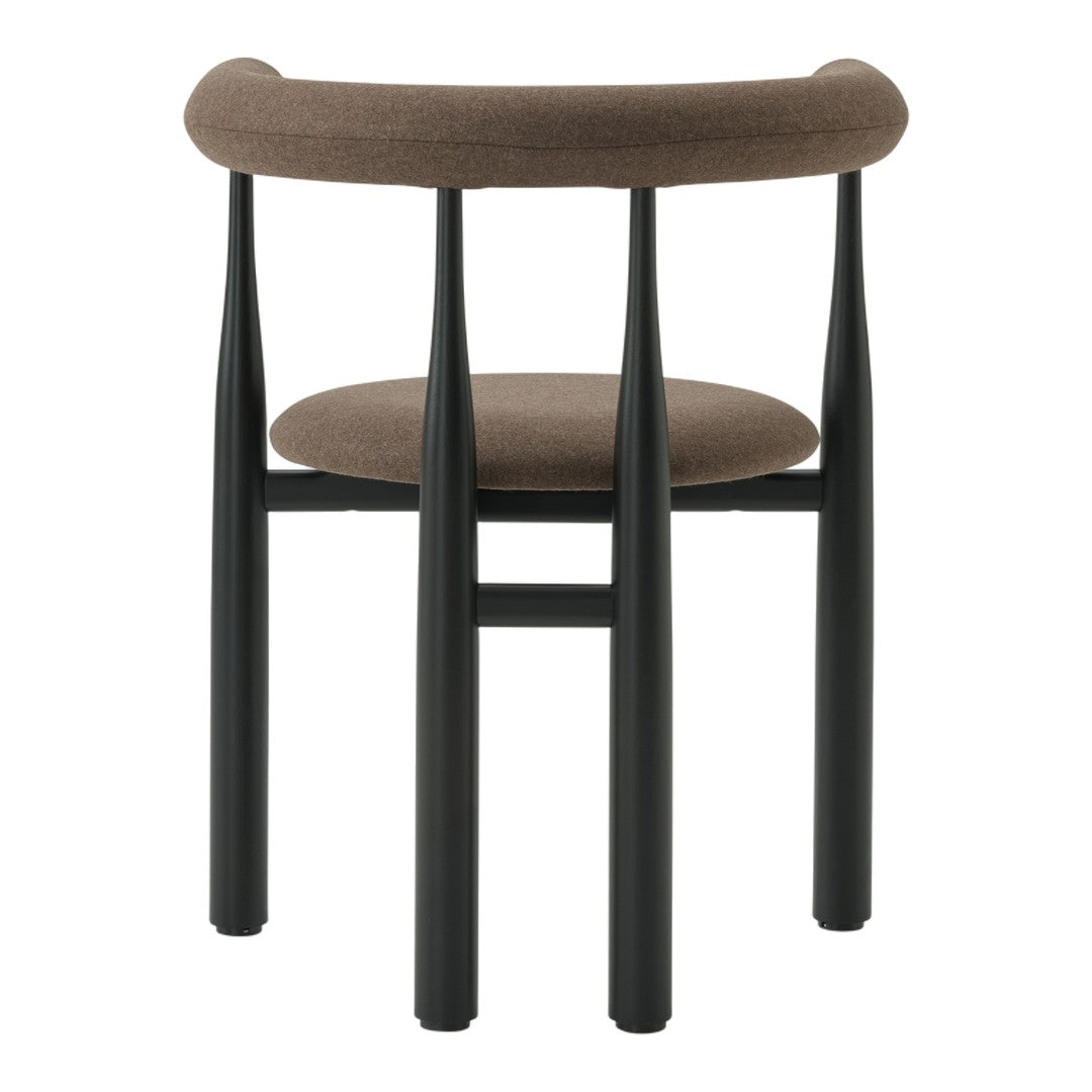 Chair with brown cushioned seat and backrest on black legs against a white background