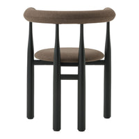 Chair with brown cushioned seat and backrest on black legs against a white background