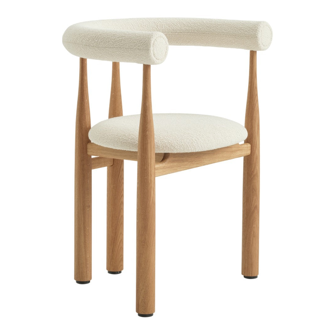 Chair with wooden frame and white cushioned seat and backrest on a white background
