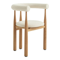Chair with wooden frame and white cushioned seat and backrest on a white background