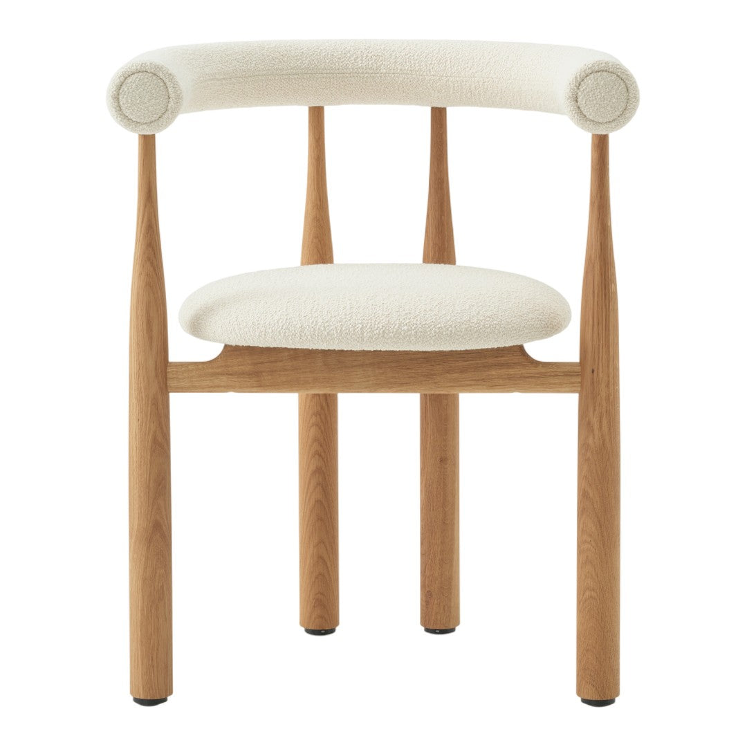 Chair with wooden frame and white cushion on a white background
