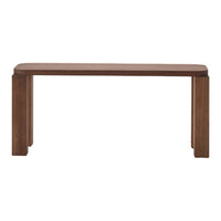 Brown wooden table with a smooth finish and clean lines, showcasing a modern, minimalist design.