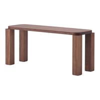 Solid walnut console table with smooth, rich brown finish and minimalist design. Elegant grain patterns enhance aesthetic.