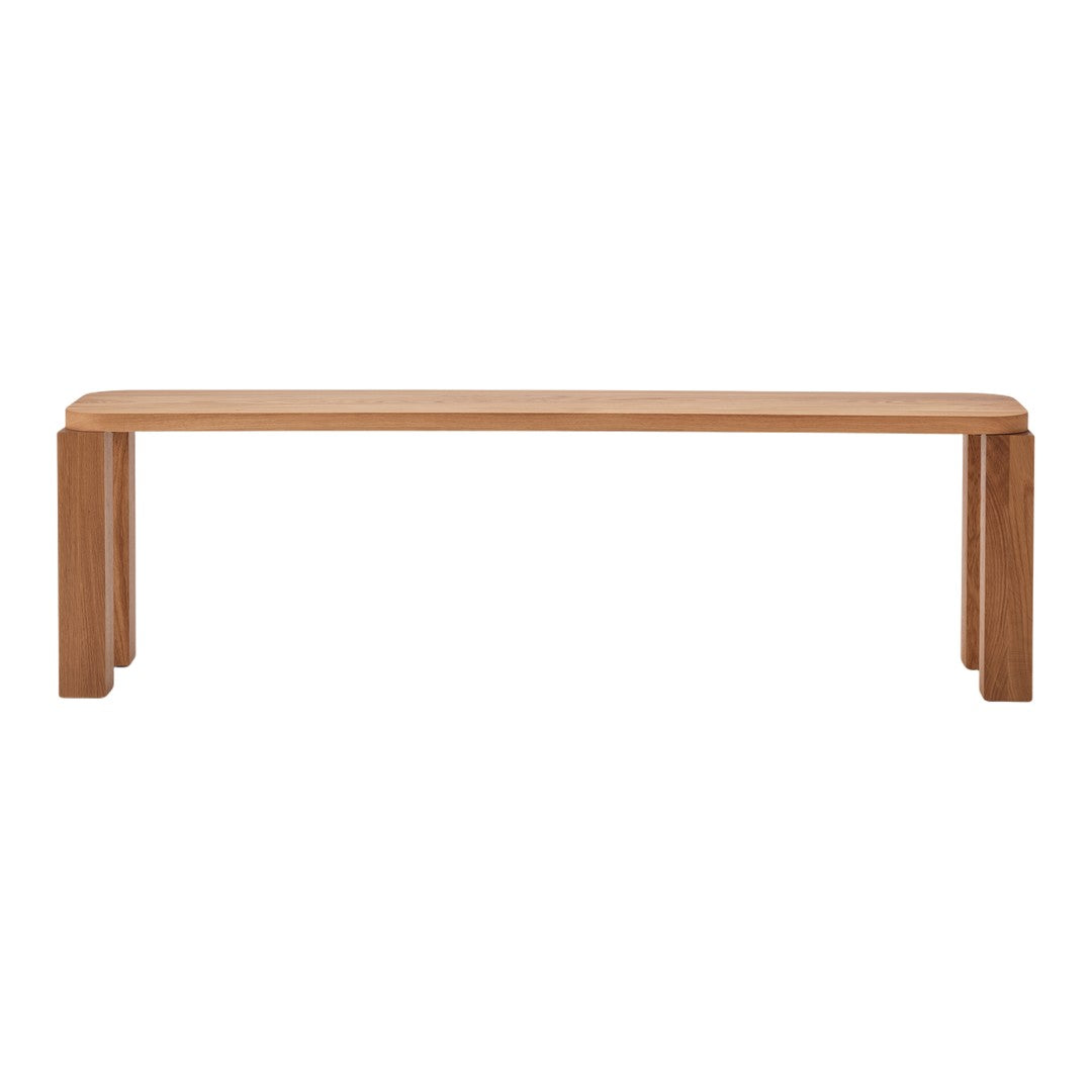 Natural oak wood bench with a smooth finish and minimalist design, showcasing a warm beige hue.