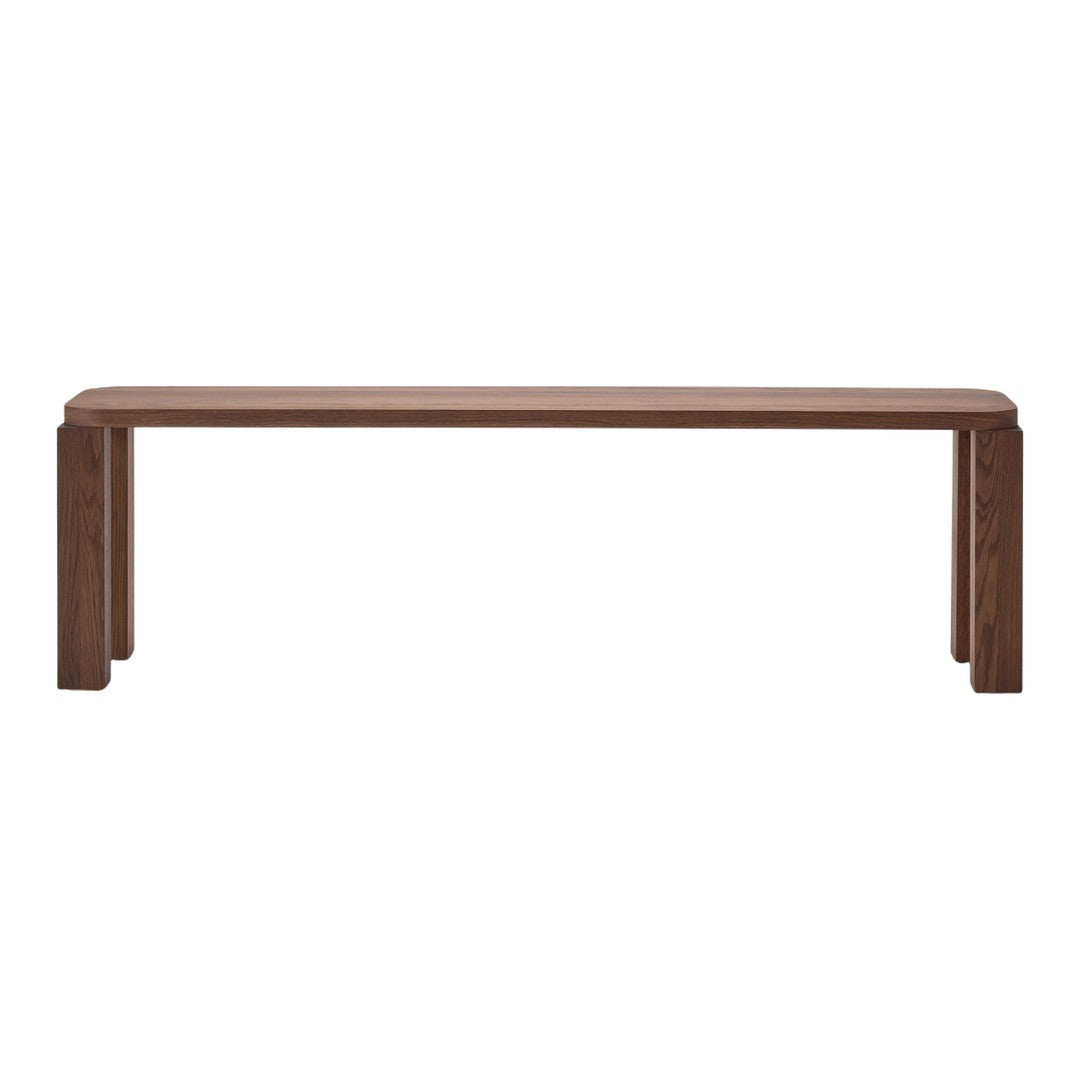 Wooden bench in rich brown tones with a smooth, sleek surface and minimalistic design. Perfect for modern decor.