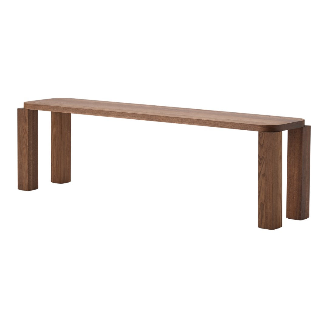 Natural wooden bench in rich brown finish with smooth grain, featuring a minimalist design and sturdy, straight legs.