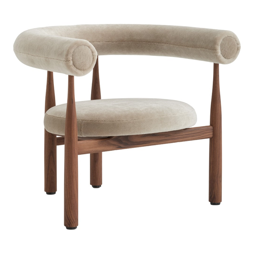 Beige chair with wooden frame on a white background