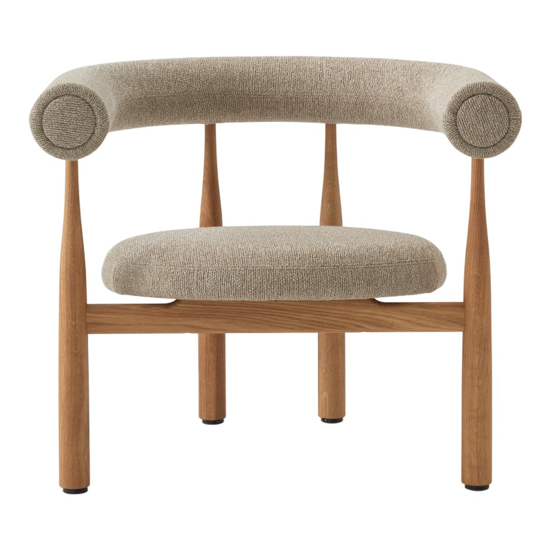 Beige armchair with wooden legs on a white background