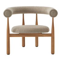 Beige armchair with wooden legs on a white background