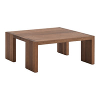 Brown wooden square coffee table with a smooth, minimalist design and clean lines, perfect for modern decor.