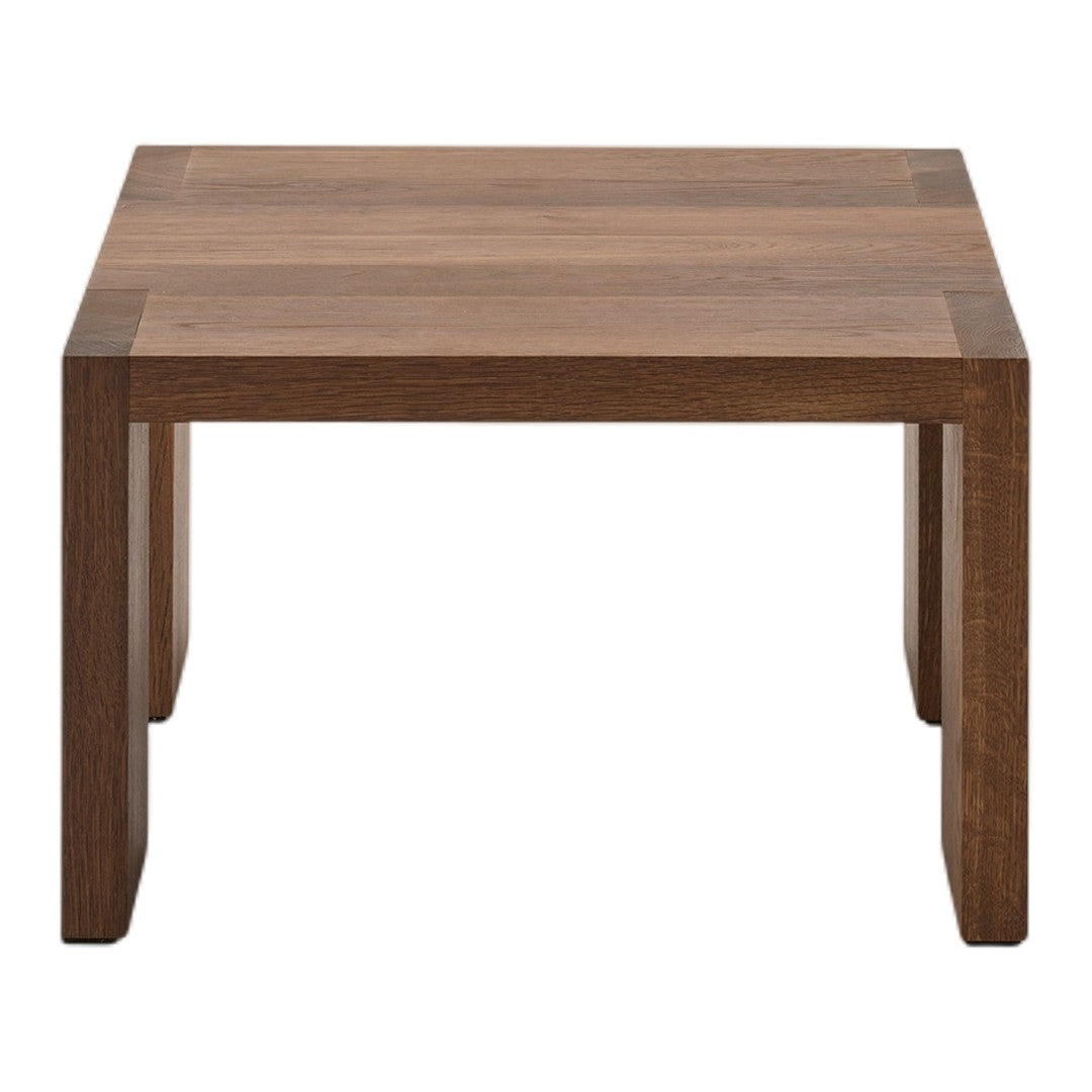 Square wooden coffee table in rich brown finish with a smooth, natural texture. Perfect for modern decor.