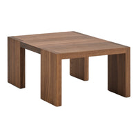 Brown wooden coffee table with a smooth finish and minimalistic design, highlighting natural wood grain patterns.
