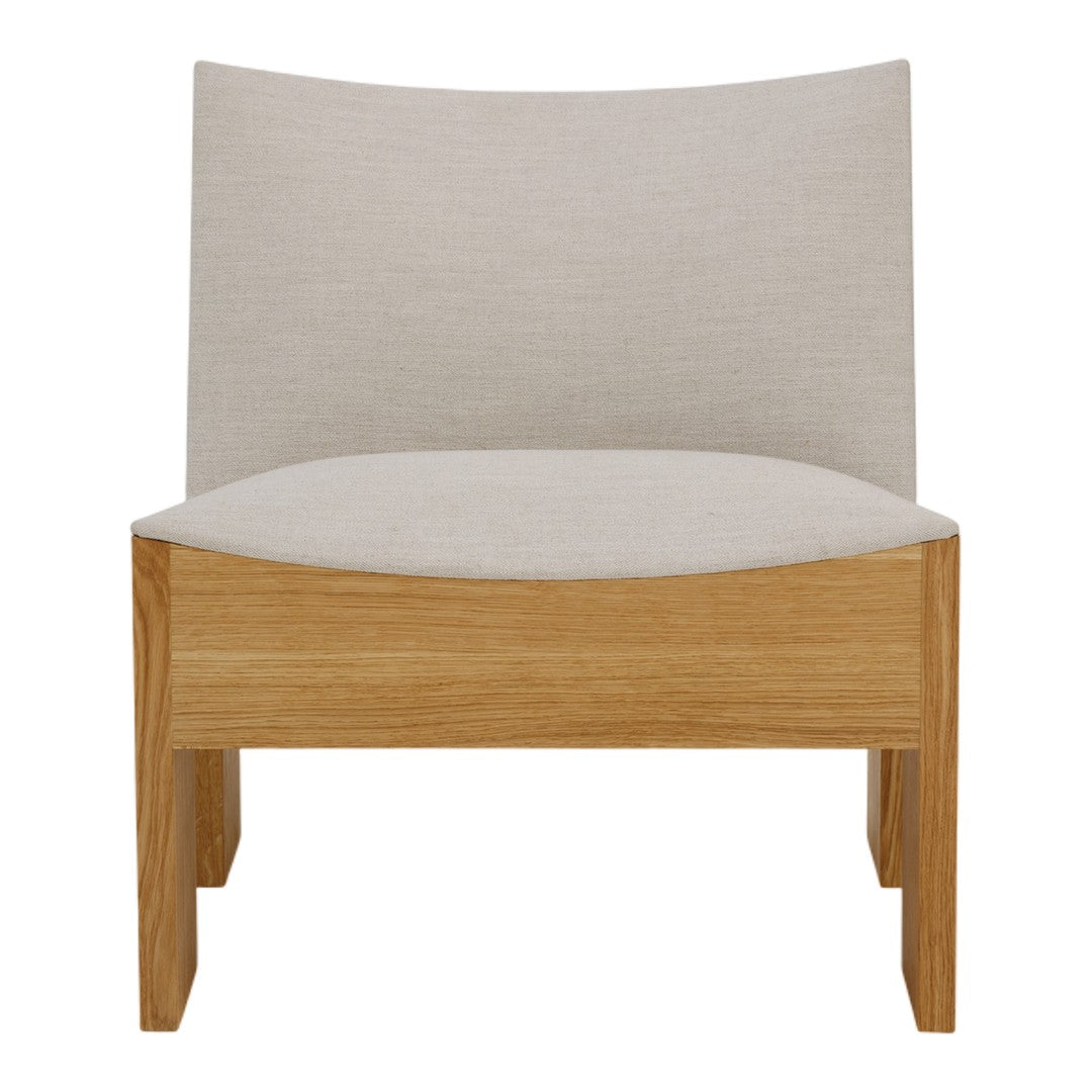 Chair with wooden frame and beige cushion on a white background