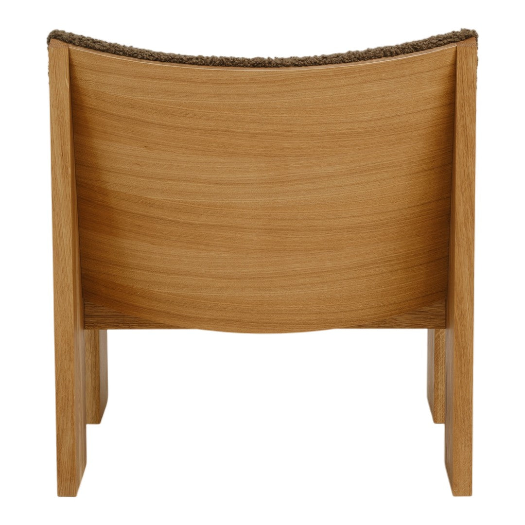 Natural wood finish with a textured, brown woven fabric trim on top. Smooth, minimalist design.