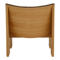 Natural wood finish with a textured, brown woven fabric trim on top. Smooth, minimalist design.