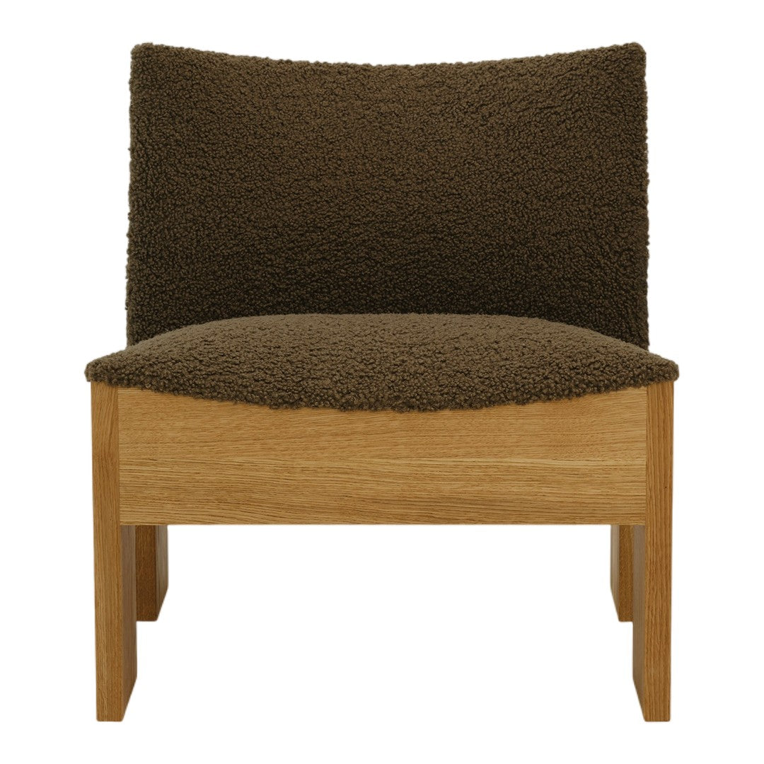 Brown textured upholstery chair with oak wood base, featuring a cozy, plush pattern.