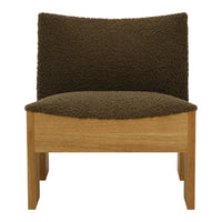 Brown textured upholstery chair with oak wood base, featuring a cozy, plush pattern.