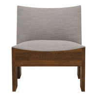 Gray upholstery with a smooth texture on a warm, rich wood frame, offering a modern and minimalist look.