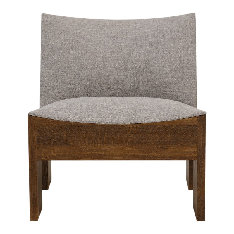 Gray upholstery with a smooth texture on a warm, rich wood frame, offering a modern and minimalist look.