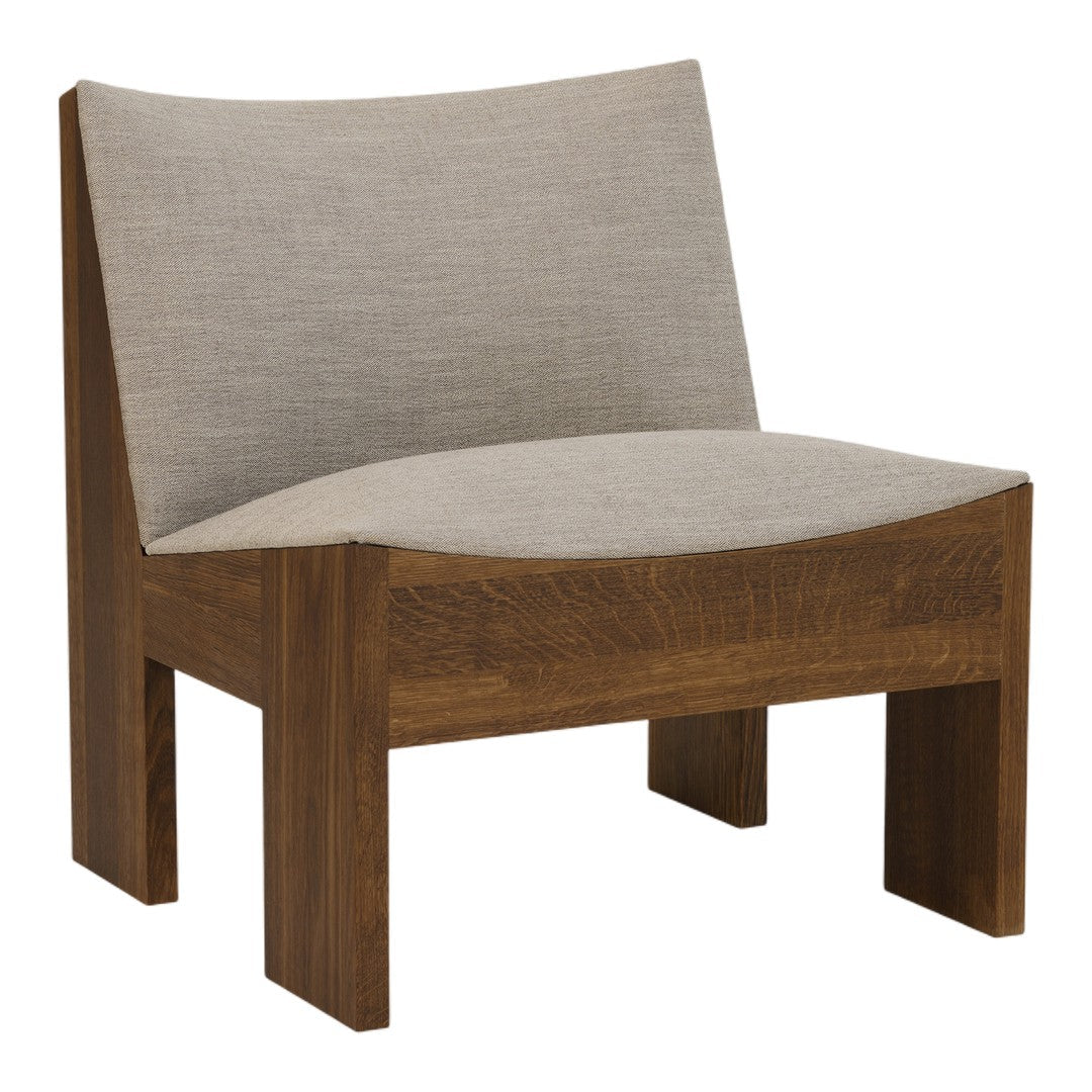 Modern wooden chair with a warm brown finish and light gray textured fabric upholstery. Perfect for stylish interiors.