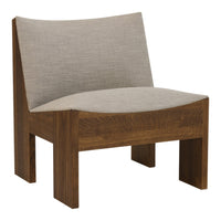 Modern wooden chair with a warm brown finish and light gray textured fabric upholstery. Perfect for stylish interiors.