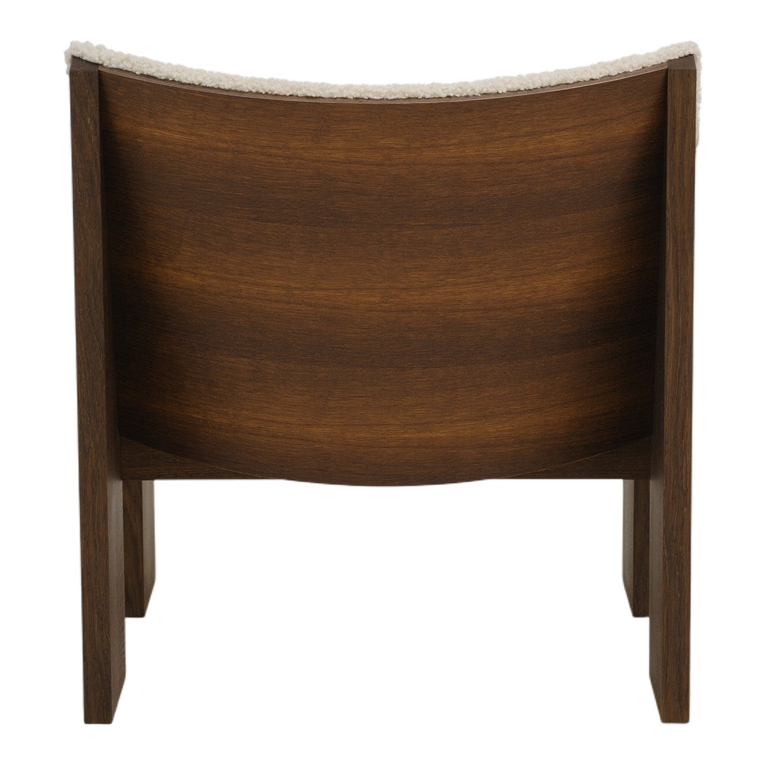Brown wood finish with a soft, light-colored upholstered top, featuring a smooth, curved design. Perfect for modern decor.