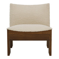 Cream-colored chair with plush, textured upholstery and rich brown wooden legs, showcasing a modern minimalist style.